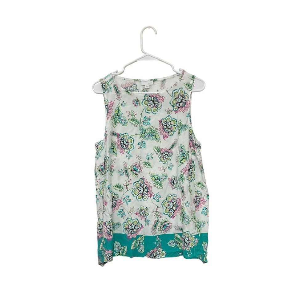 J. Jill Womens Sleeveless Rayon Floral Green Pink Top Size Medium Summer Beachy